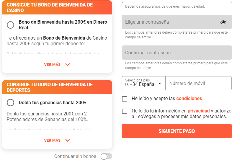 registrarse en el casino Leovegas