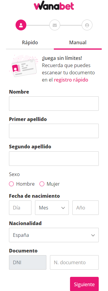 registrarse en el casino Wanabet