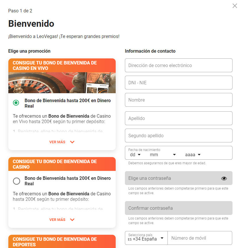 registro en la casa Leovegas