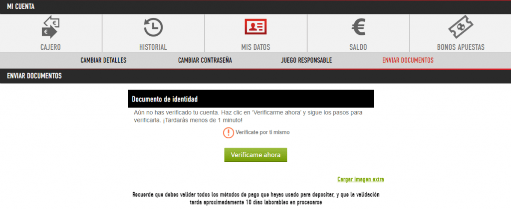 verificar cuenta en Sportium